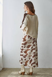 Woven Cow Print Satin Midi Skirt