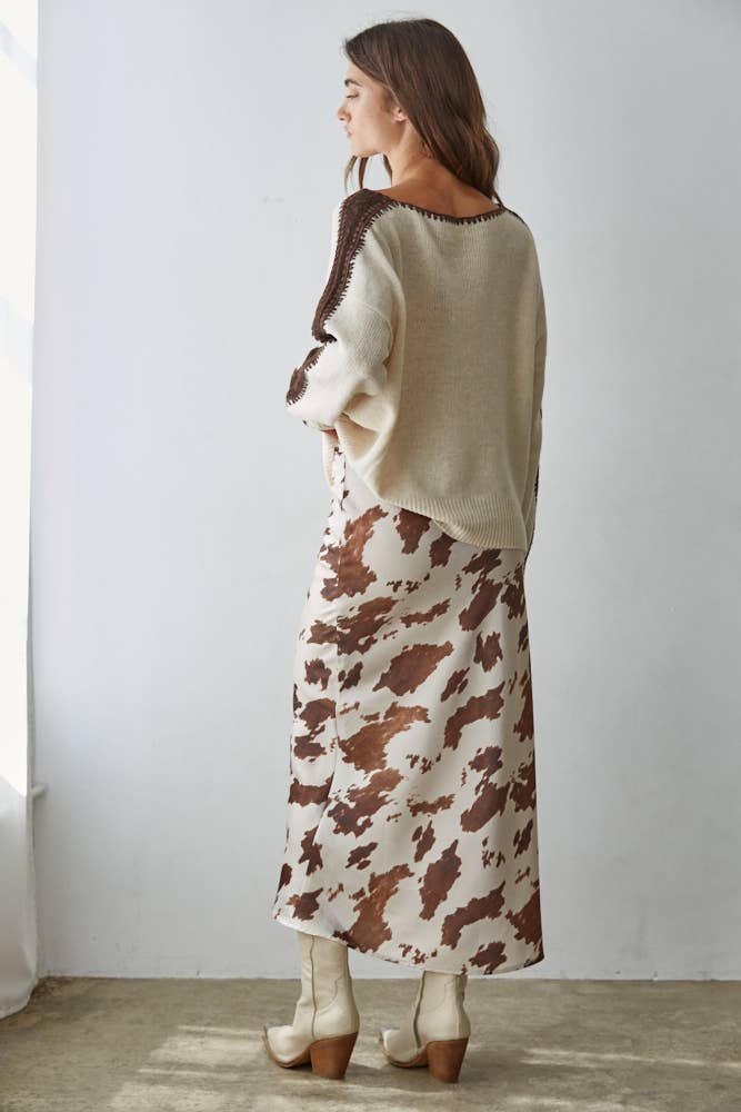 Woven Cow Print Satin Midi Skirt