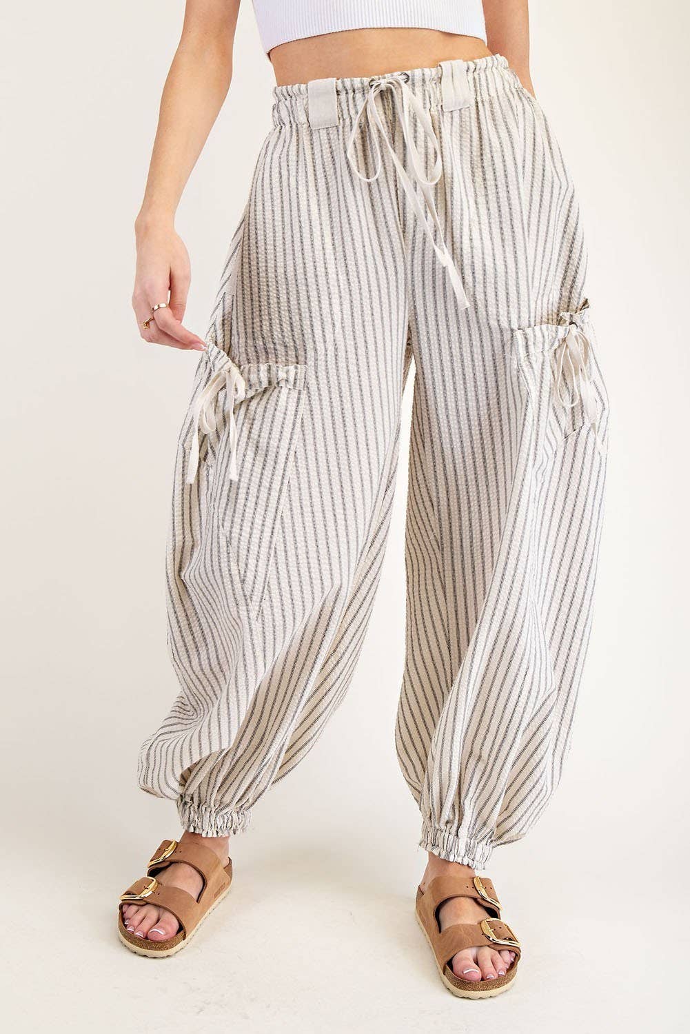 STRIPED DRAWSTRING SIDE POCKET JOGGER PANTS: OATMEAL