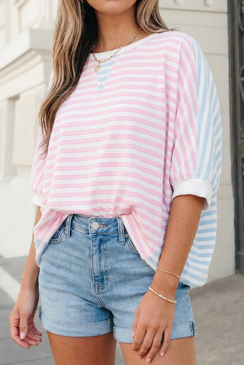 Stripe Patchwork Batwing Sleeve Top