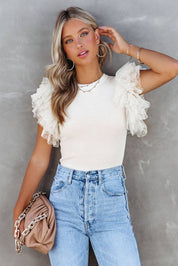 White Polka Dot Mesh Ruffle Sleeve Ribbed Knit Top