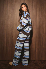 CREW NECK MULTI STRIPE SWEATER WITH WIDE LEG PANTS
