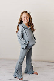 Kids Blue Gray Hooded Ruffle Pocket Fall Winter Lounge