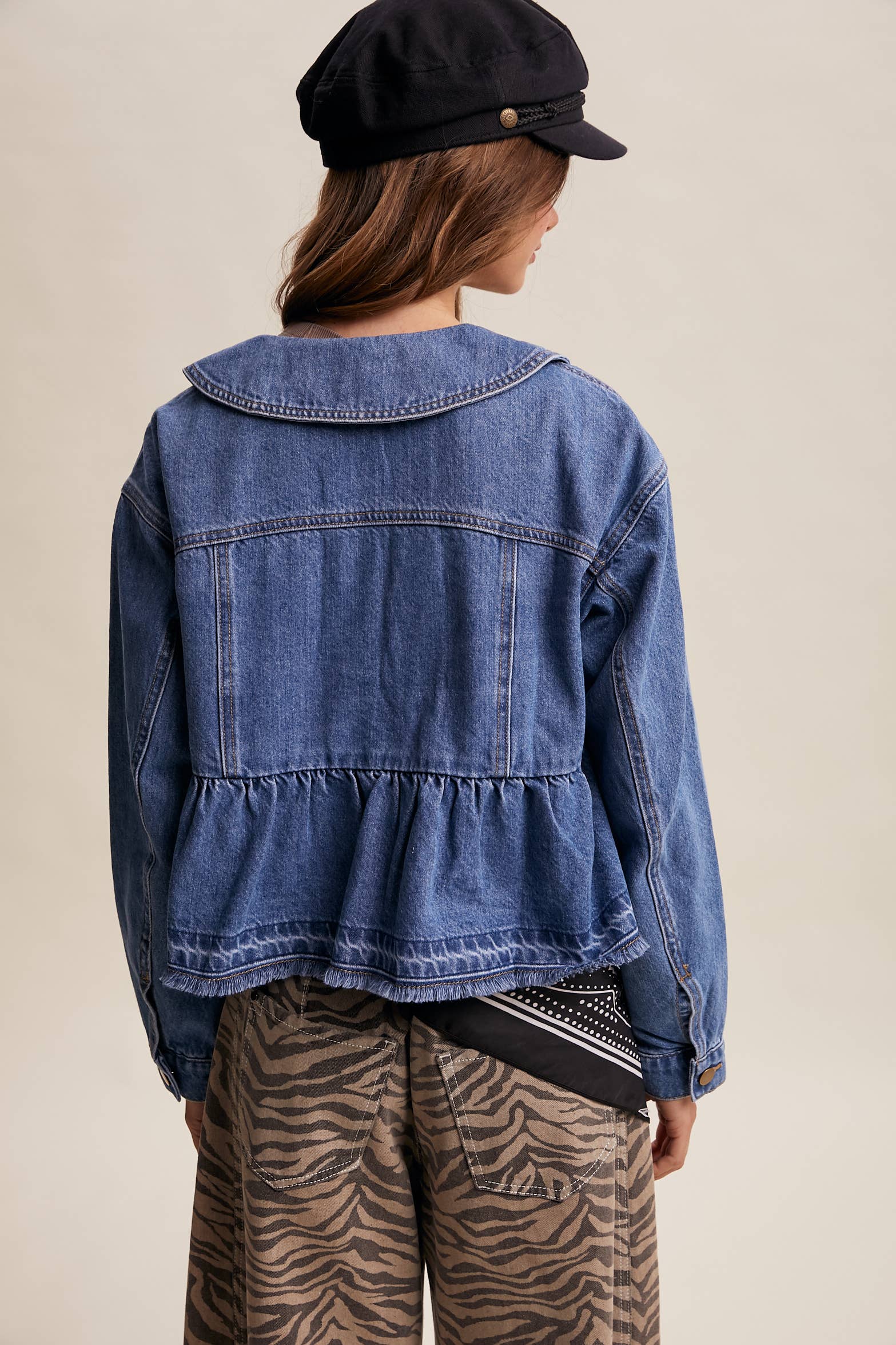 Peplum Hem Denim Jacket Washed Cobalt