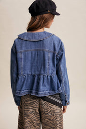 Peplum Hem Denim Jacket Washed Cobalt