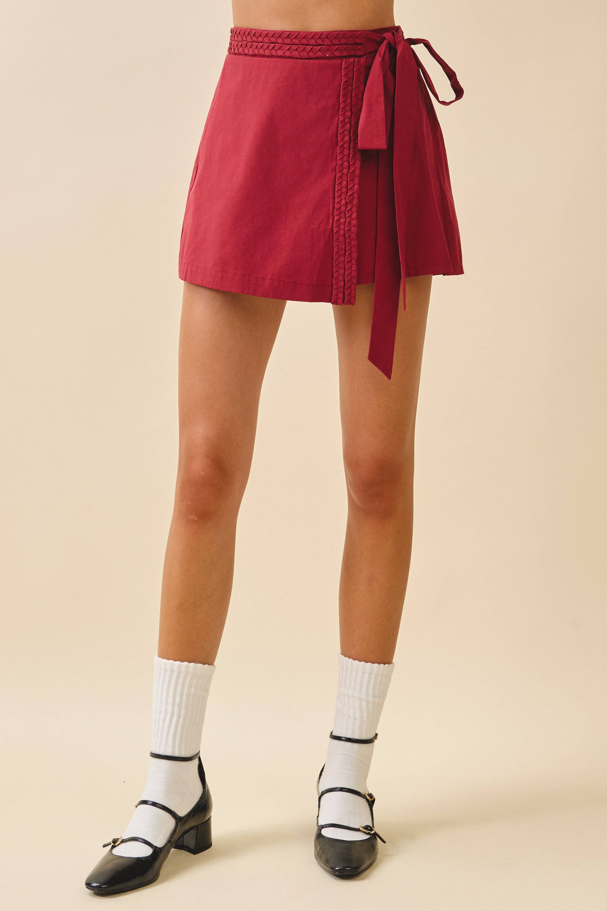 Wrap Front Braided Trim Detail Self Tie Skort