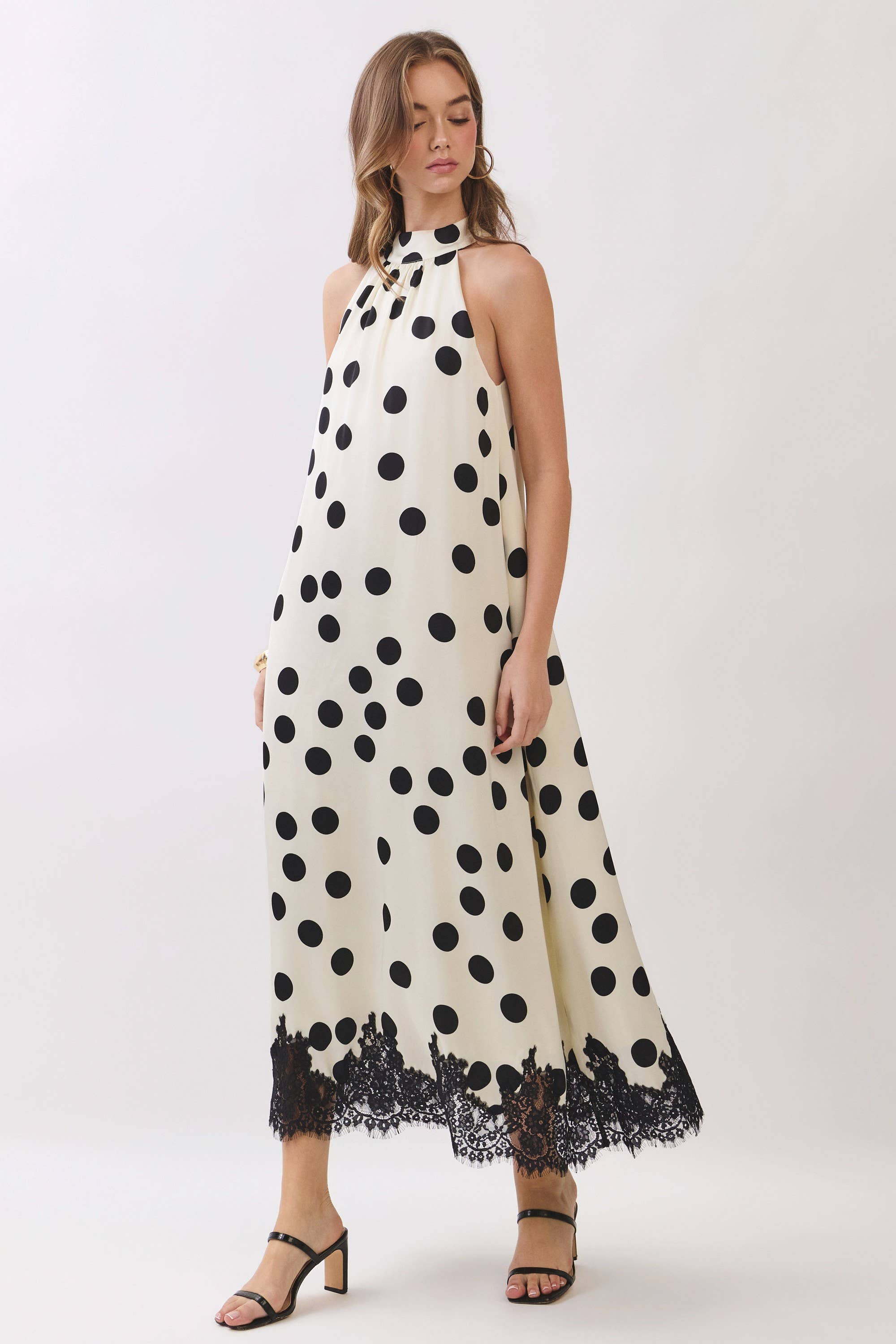 Polka Dot Lace Trim Halter Maxi Dress