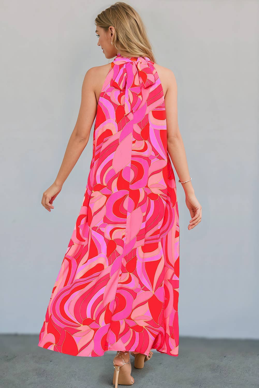 Abstract Print Knotted Mock Neck Maxi Dress