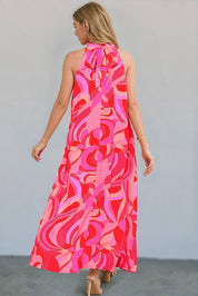 Abstract Print Knotted Mock Neck Maxi Dress