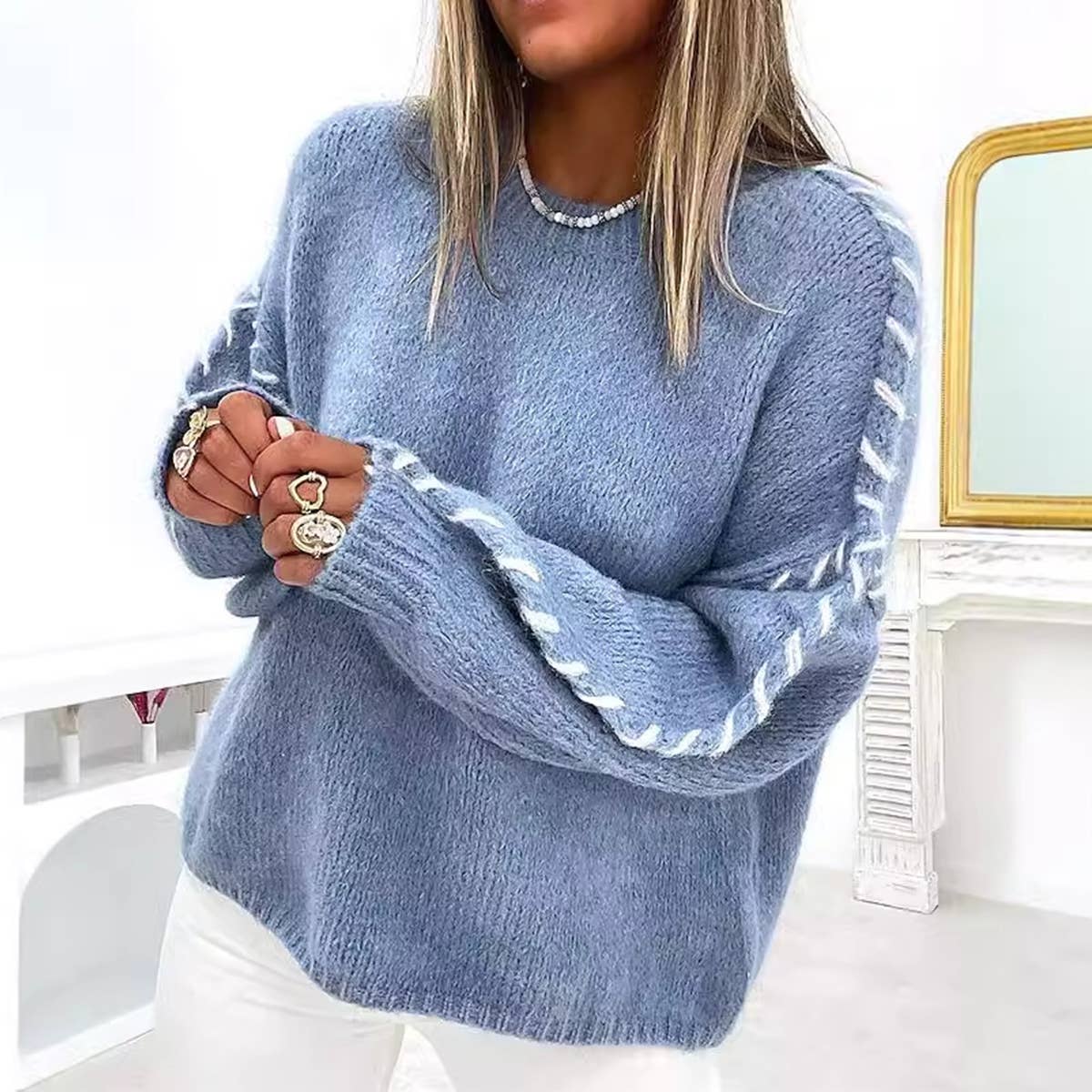 Round neck stitch design loose pullover sweater: BLUE
