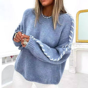 Round neck stitch design loose pullover sweater: BLUE