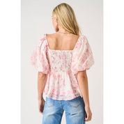 FLORAL PRINT PLEAT DETAIL PUFF SLEEVE BABYDOLL TOP