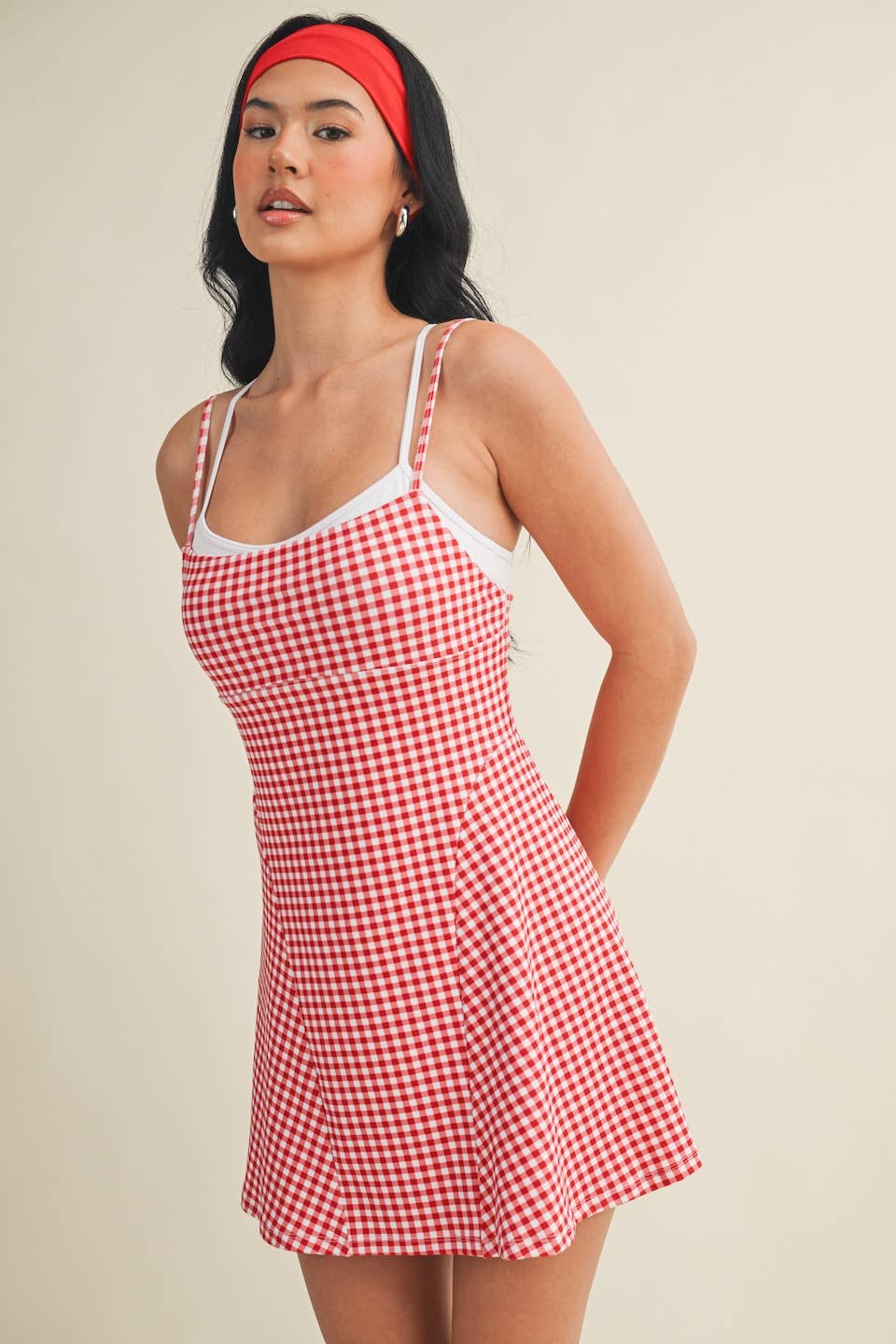 Gingham Print Double Layered Dress: Red Gingham
