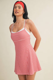 Gingham Print Double Layered Dress: Red Gingham