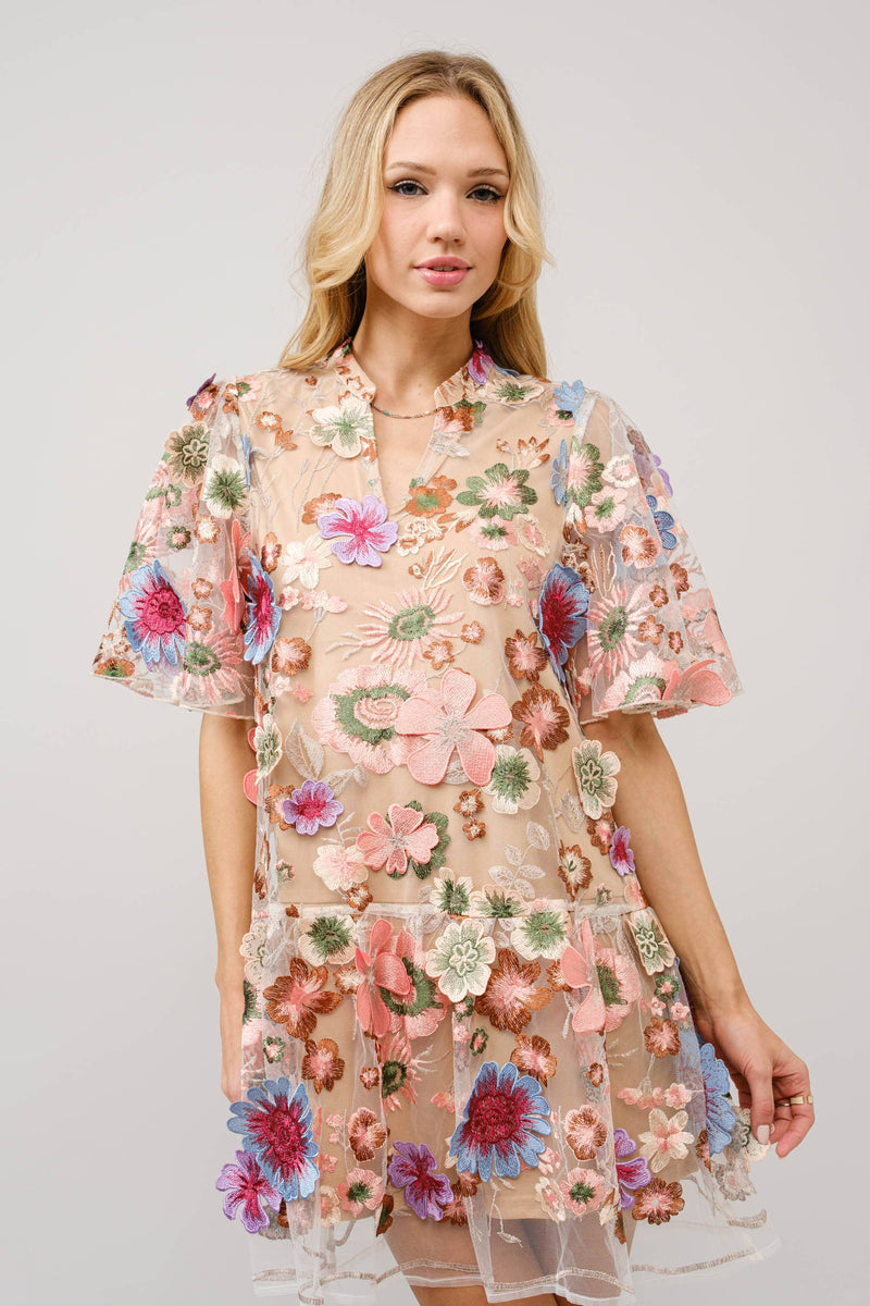 Multi 3D Floral Peplum Puff Sleeve Mini Dress