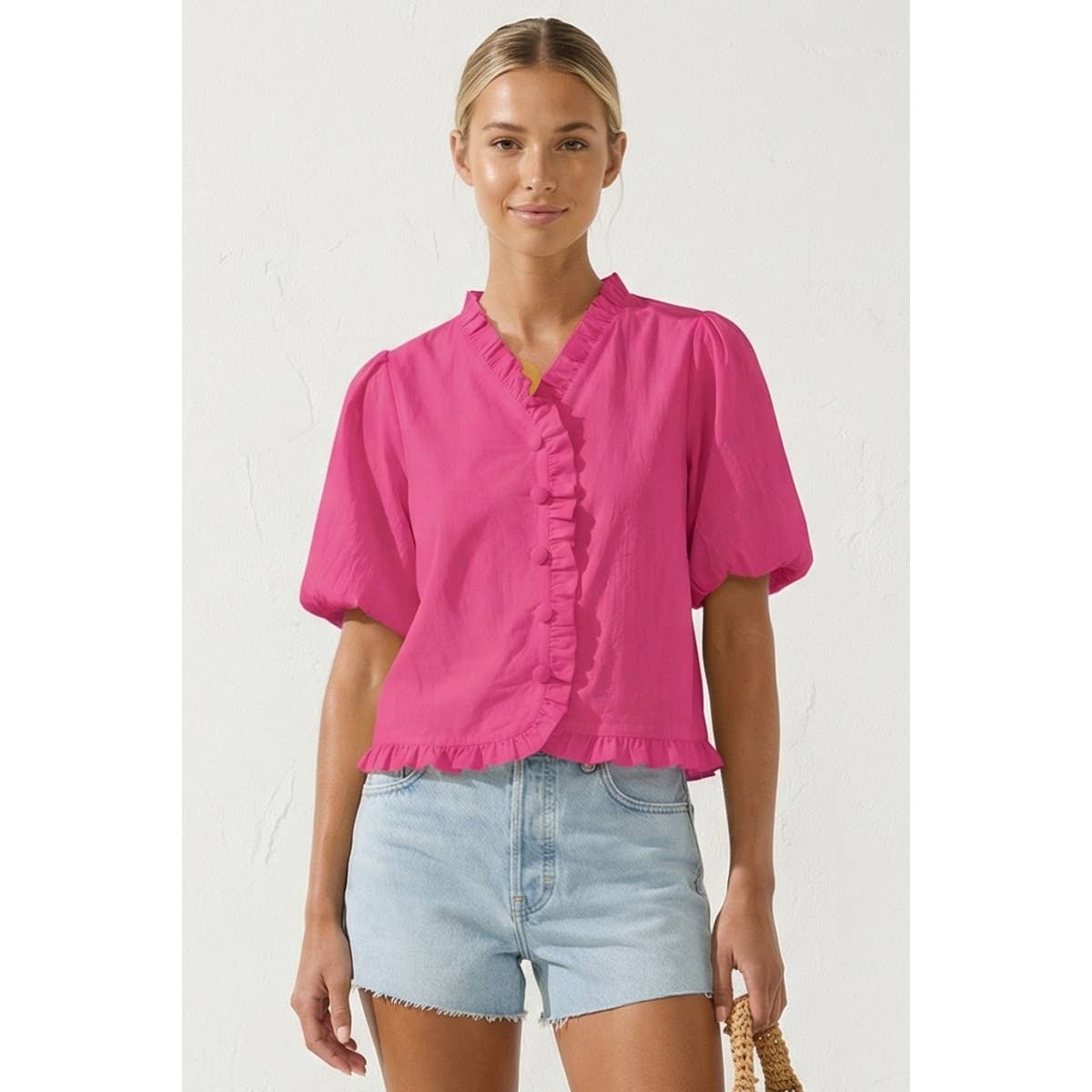 Ruffle Detail Bubble Sleeve Top: