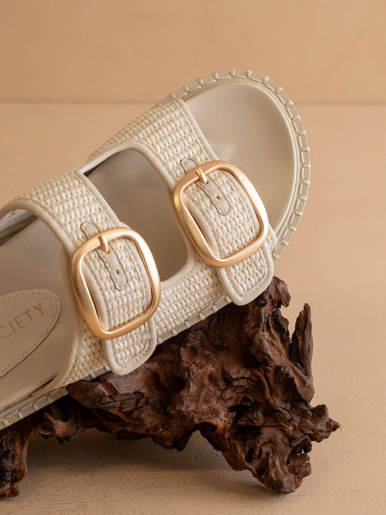 The Daytona | Ivory aTwo-Tone Raffia Gold Buckle Sandal