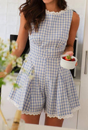 Gingham Lace-Trimmed Romper