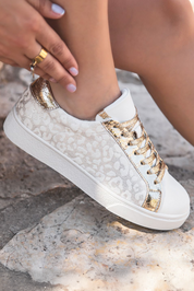 White Leopard Print Glitter Patched PU Leather Lace-up Shoes