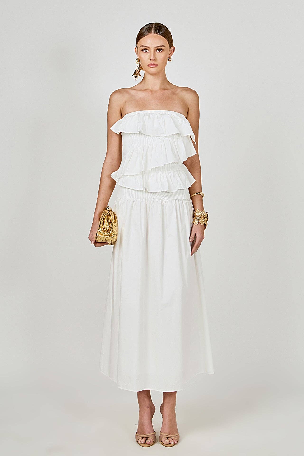 Mixed Media Strapless Maxi Dress: WHITE