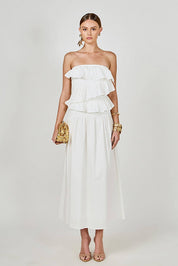 Mixed Media Strapless Maxi Dress: WHITE
