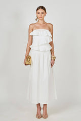 Mixed Media Strapless Maxi Dress: WHITE
