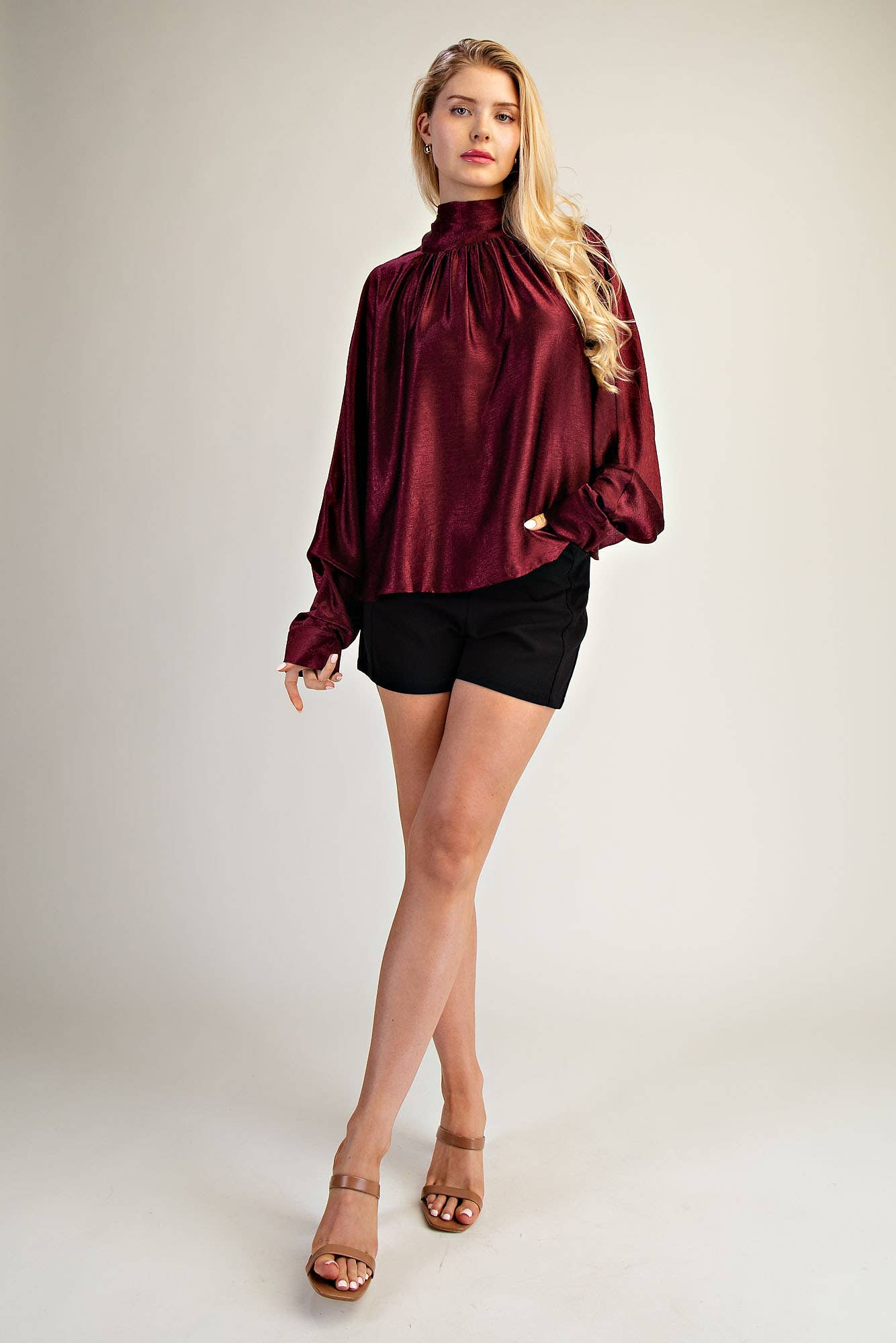 Draped Stand-up Collar Ties At Back Blouse