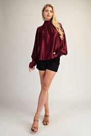 Draped Stand-up Collar Ties At Back Blouse