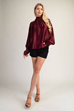 Draped Stand-up Collar Ties At Back Blouse
