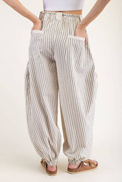 STRIPED DRAWSTRING SIDE POCKET JOGGER PANTS: OATMEAL