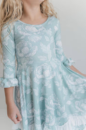 Girls Bella Soft Sage & Winter White Twirl Ruffles Dress