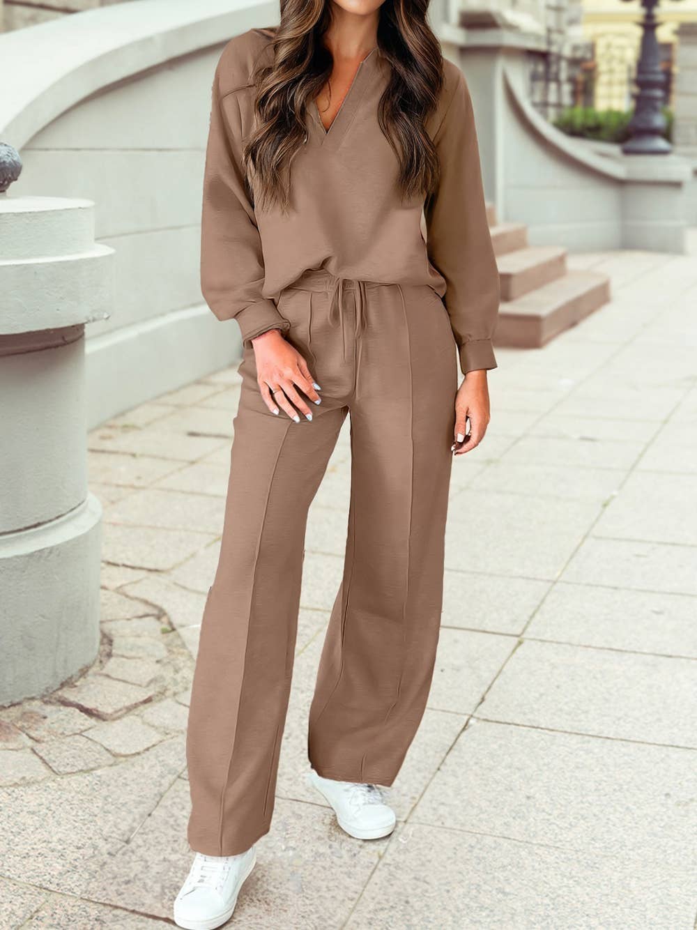 Polo Collar V Neck Pullover and Drawstring Sweatpants Set: Dark Khaki