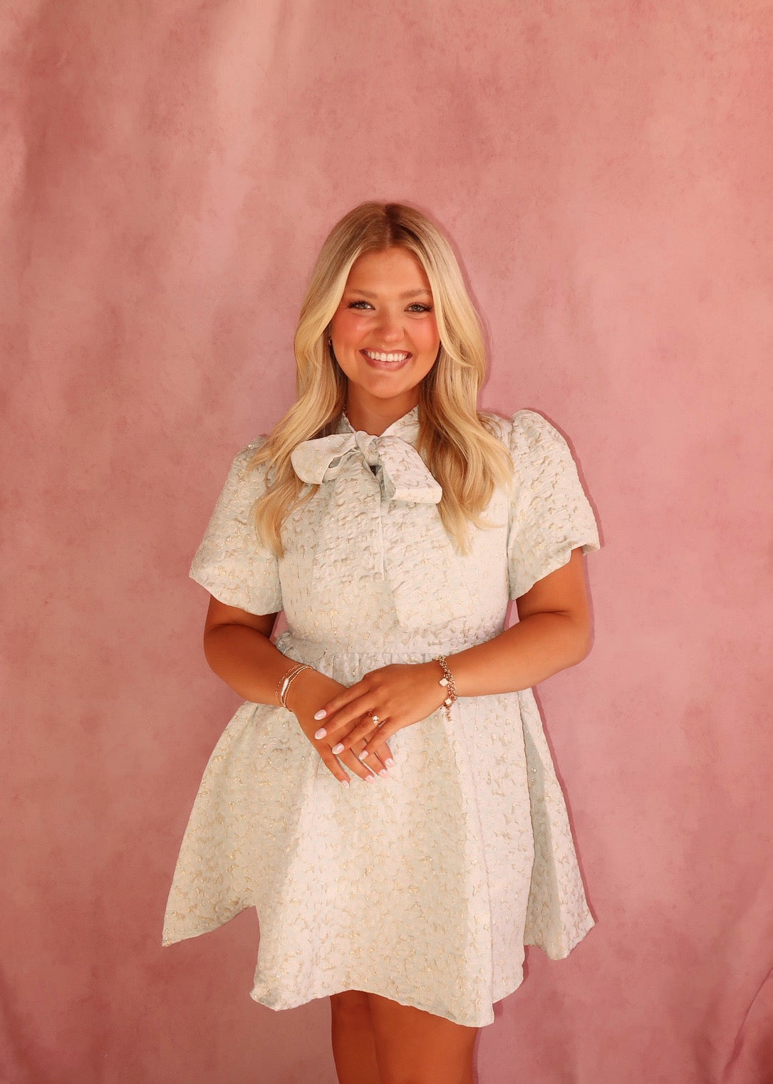 Jacquard Puff Sleeve Pussy Bow Detail Dress