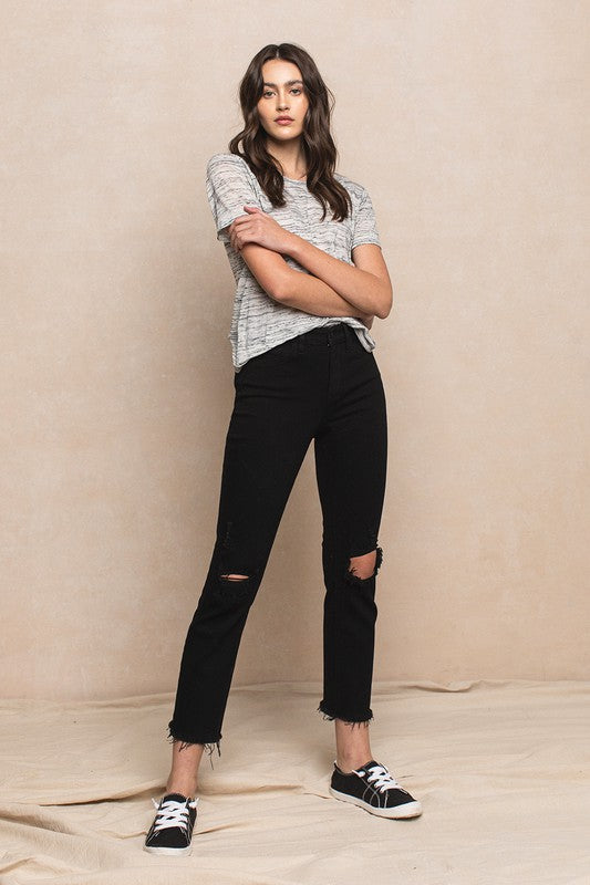 Flying Monkey High Waist Distressed Straight Fit Jean - Black