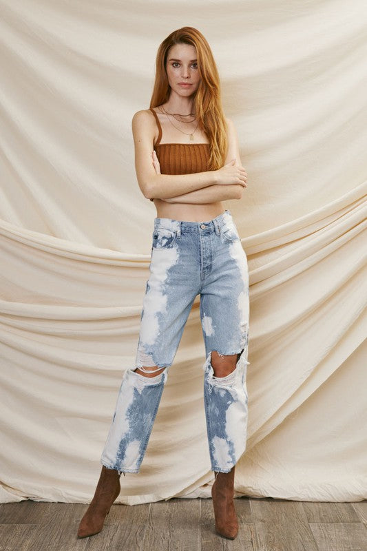 Kancan High Rise Distressed Boyfriend Jean - Bleach Effect