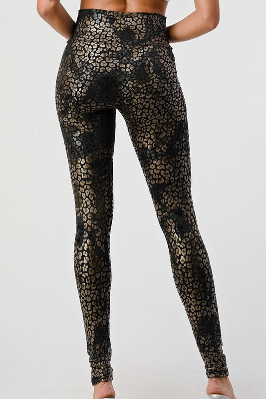 Metallic Leopard Print Leggings - Black/Chrome