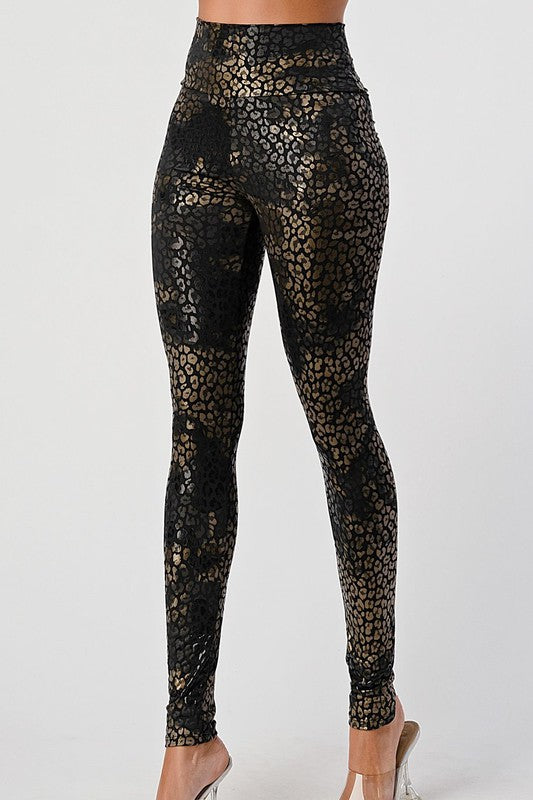 Metallic Leopard Print Leggings - Black/Chrome