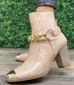 Gold Metal Detail Leather Bootie - Taupe