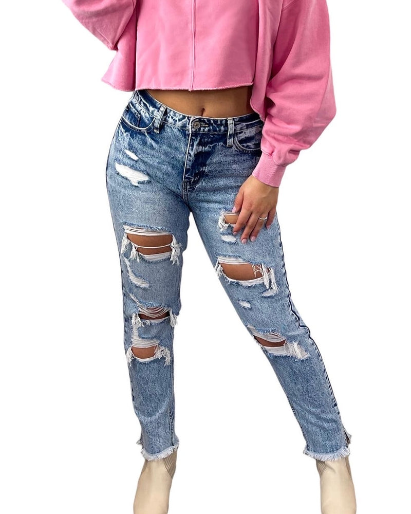 Kancan High Rise Distressed Mom Jean - Acid Wash