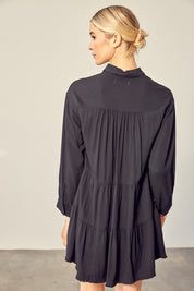 Tiered Pleated Mini Shirt Dress - Black