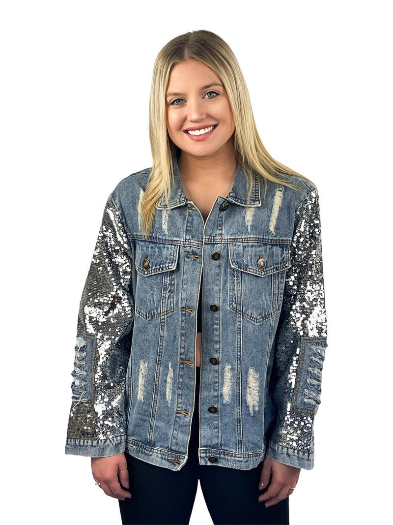 Sequin Sleeve Distressed Denim Jacket