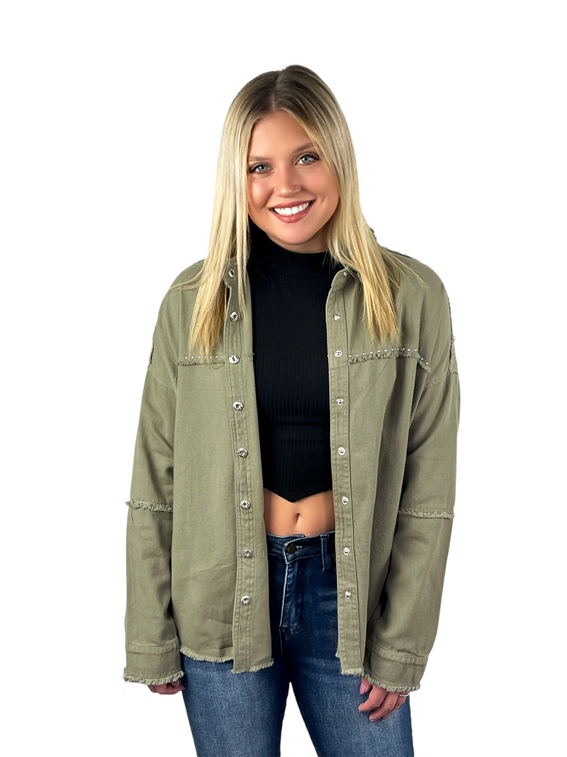 Studded Frayed Hem Shacket - Olive