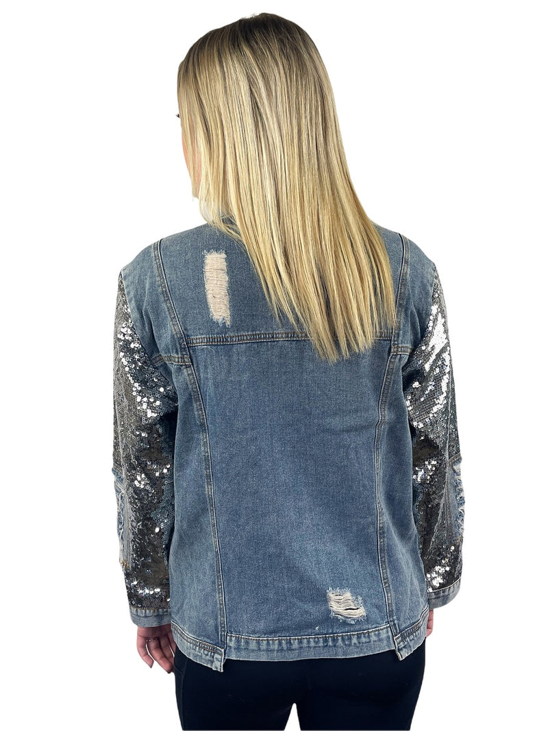 Sequin Sleeve Distressed Denim Jacket