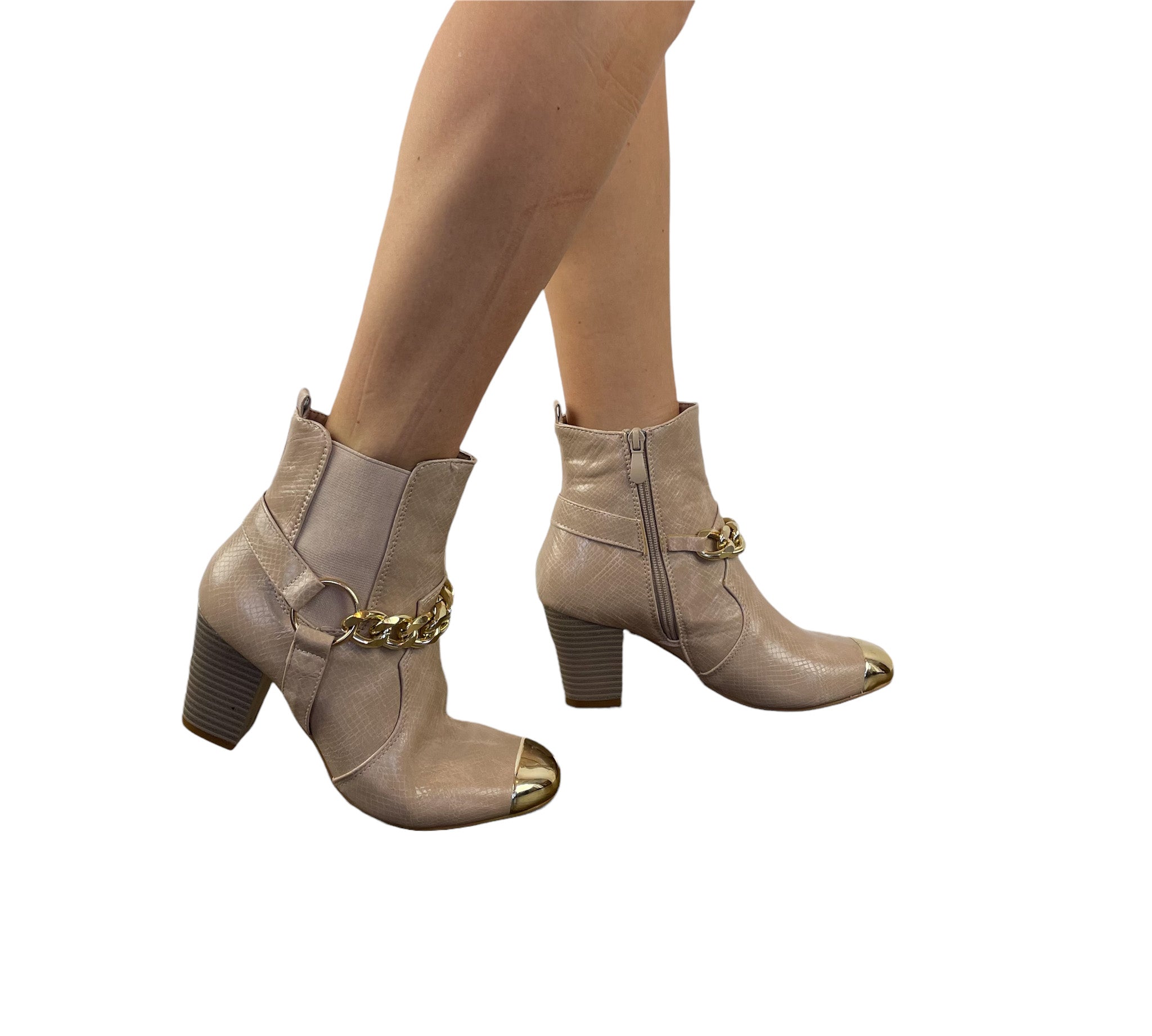 Gold Metal Detail Leather Bootie - Taupe